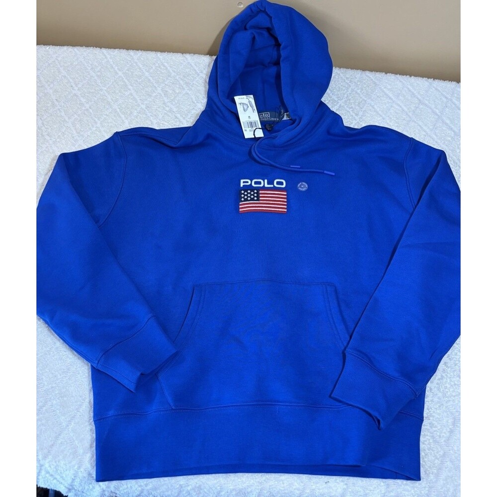 NWT Polo Ralph Lauren USA Flag 2 Sided USA Embroidered Blue Hoodie Size M